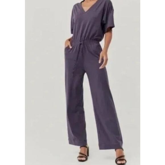 Pact Organic Cotton Revive Deep V Jumpsuit Currant Purple Size Medium - Picture 1 of 9